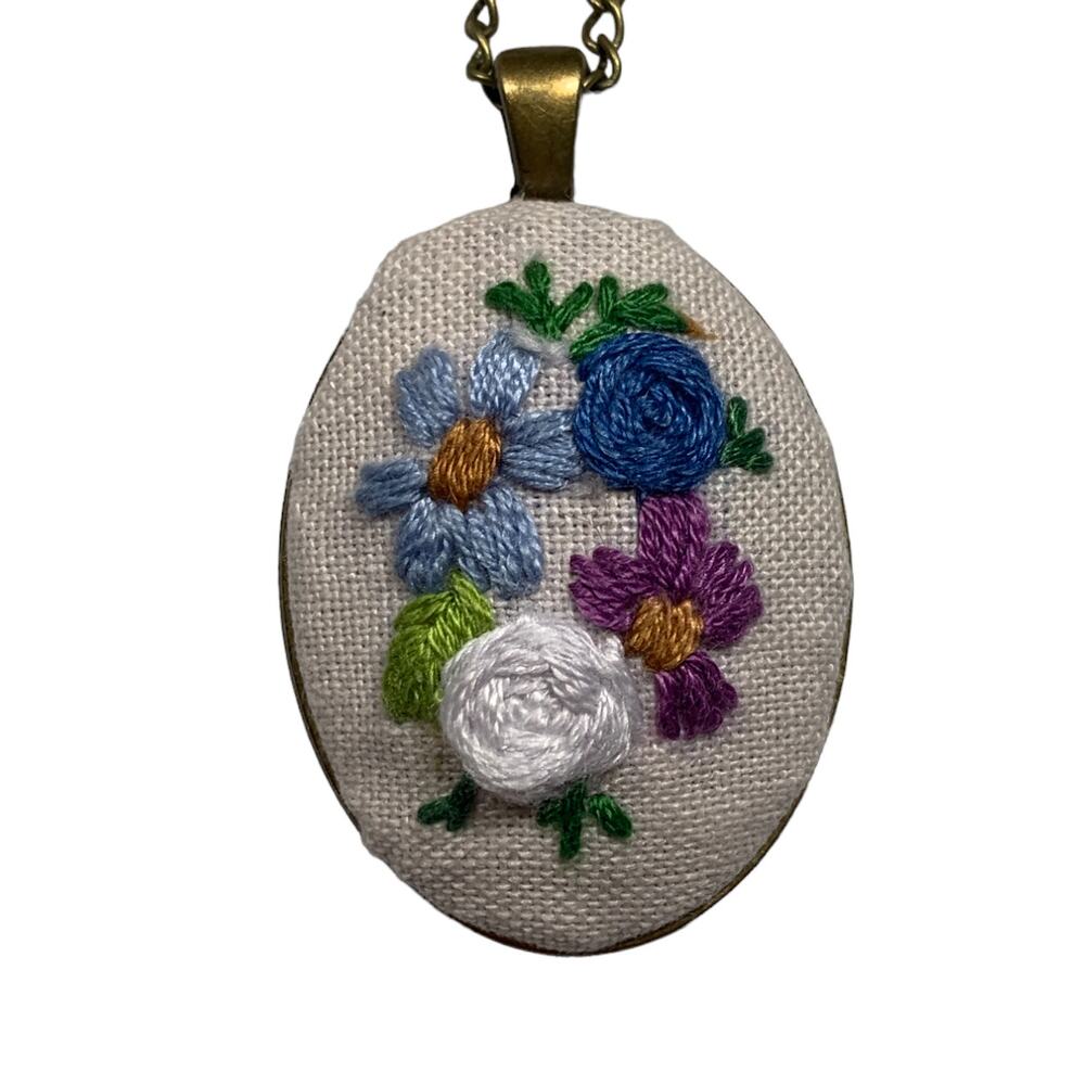 Handmade Blue Shades Floral Bouquet Embroidery Necklace